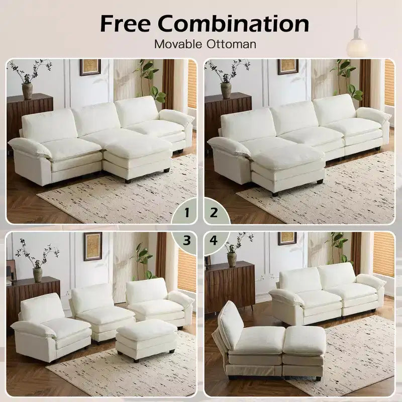 Divano Sezionale da 306,8 cm, Divano a L Convertibile, Divani Imbottiti con Pouf Movibile per Salotto e Ufficio, Beige