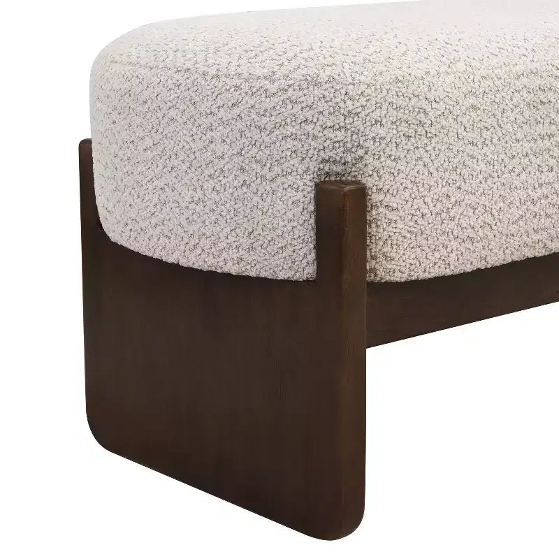 Pouf Elmo 64 in legno di gomma moderno imbottito in filato bouclé, beige