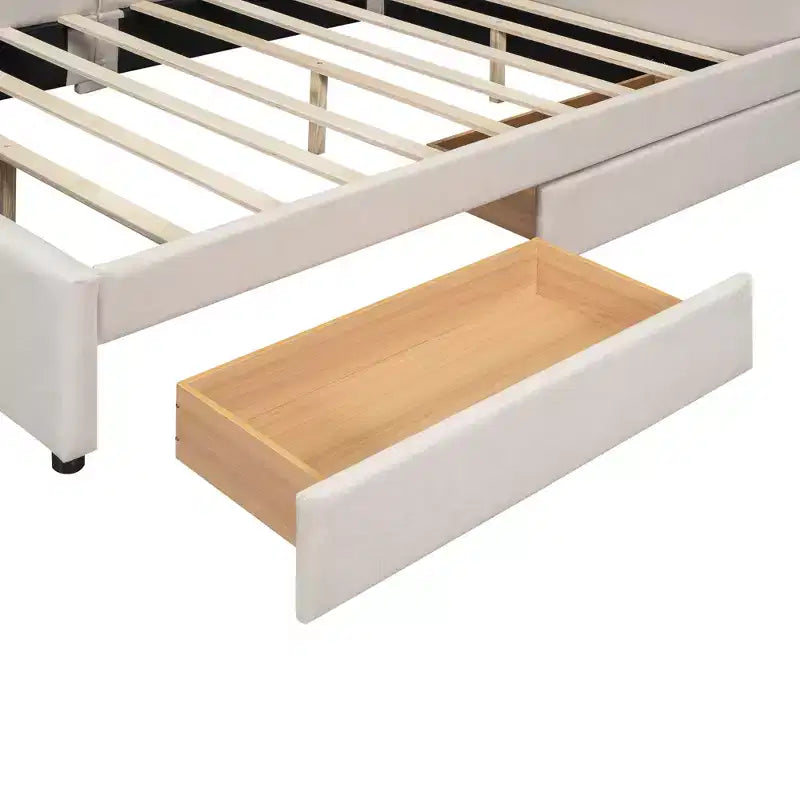 Letto a piattaforma Queen Size, struttura letto in legno imbottita con porte USB e 2 cassetti, beige