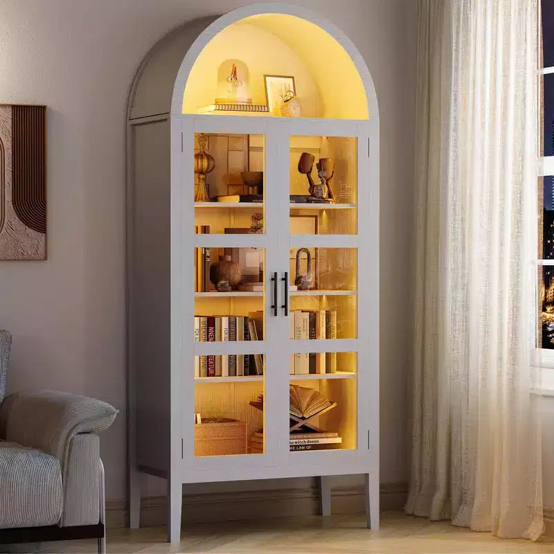 Armadio contenitore, dispensa da cucina alta 71'' con arco, con 3 luci LED colorate, ante in vetro e ripiani regolabili
