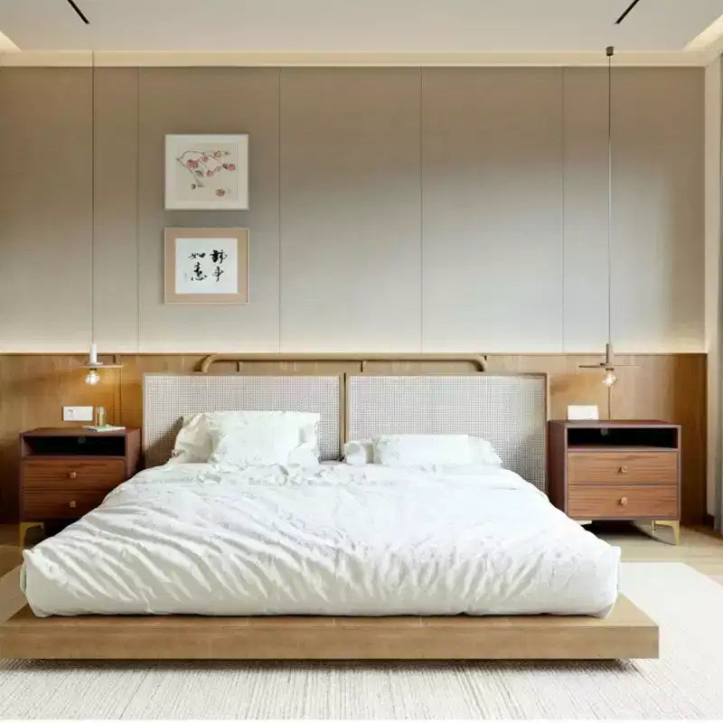 Comodino in Rattan con Stazione di Ricarica Wireless, Tavolino Moderno di Metà Secolo con 2 Cassetti Intrecciati Boho, Comodino in Legno per Camera da Letto