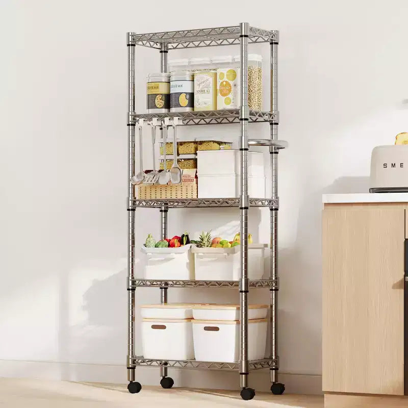 Scaffalatura Metallica a 5 Ripiani con Ruote, 1100 LBS Scaffale Regolabile in Filo Metallico con Maniglia Laterale per Appendere, Organizzatore Mobile a Ripiani