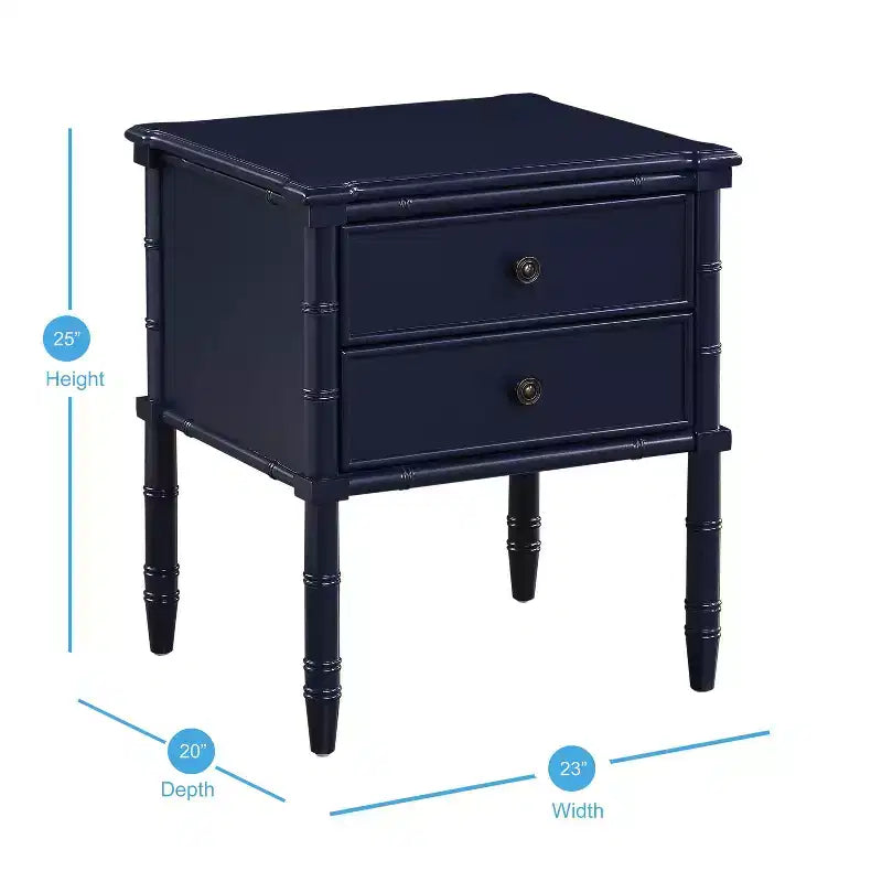 Comodino Ellison Blu Notte: Stile Costiero, 2 Cassetti, Struttura in MDF e Pioppo, 63,5 cm A x 58,4 cm L
