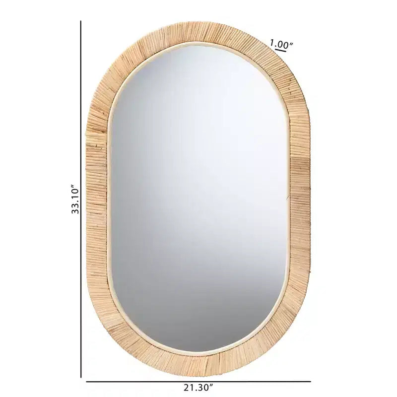 Specchio ovale Bella moderno bohémien in mogano marrone naturale e rattan naturale