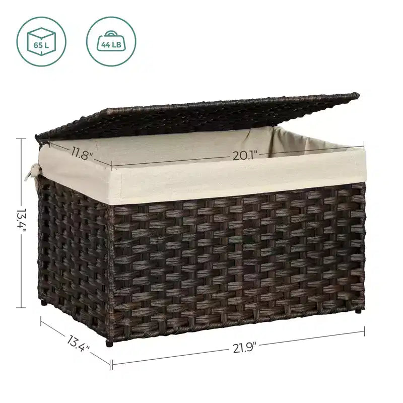 Cesto portaoggetti con coperchio, contenitore da 65 litri (17,2 galloni), cesto porta coperte intrecciato con manici, pieghevole, fodera rimovibile, struttura in metallo