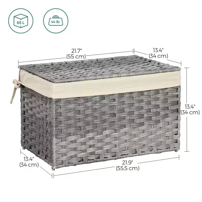 Cesto portaoggetti con coperchio, contenitore da 65 litri (17,2 galloni), cesto porta coperte intrecciato con manici, pieghevole, fodera rimovibile, struttura in metallo