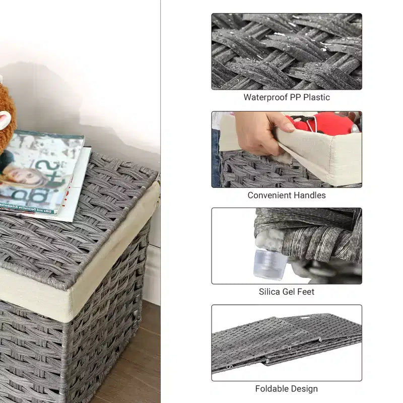 Cesto portaoggetti con coperchio, contenitore da 65 litri (17,2 galloni), cesto porta coperte intrecciato con manici, pieghevole, fodera rimovibile, struttura in metallo