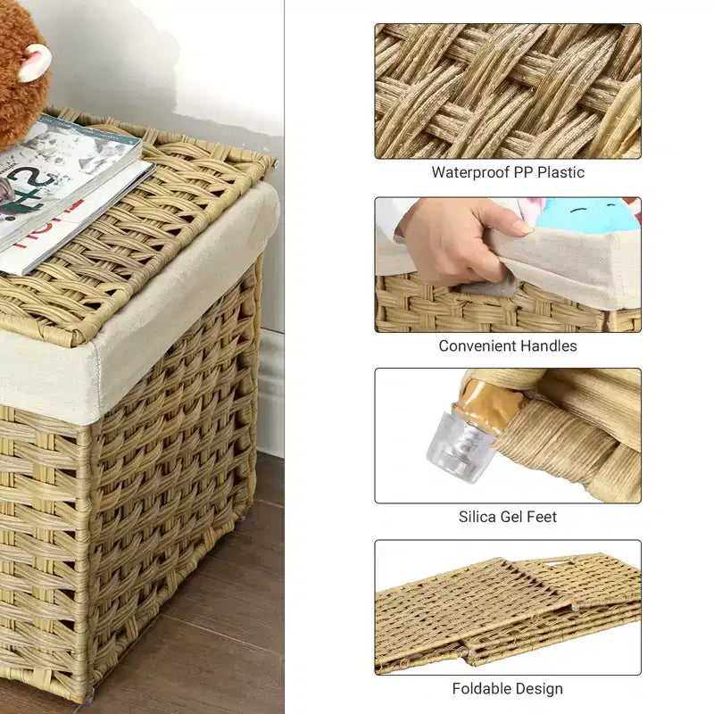 Cesto portaoggetti con coperchio, contenitore da 65 litri (17,2 galloni), cesto porta coperte intrecciato con manici, pieghevole, fodera rimovibile, struttura in metallo
