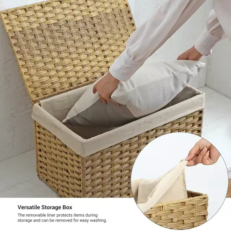 Cesto portaoggetti con coperchio, contenitore da 65 litri (17,2 galloni), cesto porta coperte intrecciato con manici, pieghevole, fodera rimovibile, struttura in metallo