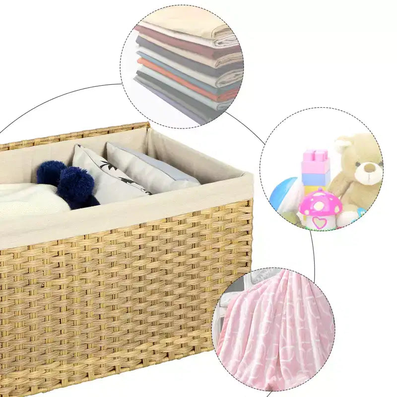 Cesto portaoggetti con coperchio, contenitore da 65 litri (17,2 galloni), cesto porta coperte intrecciato con manici, pieghevole, fodera rimovibile, struttura in metallo