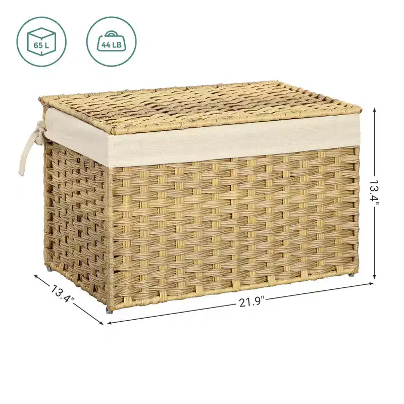 Cesto portaoggetti con coperchio, contenitore da 65 litri (17,2 galloni), cesto porta coperte intrecciato con manici, pieghevole, fodera rimovibile, struttura in metallo