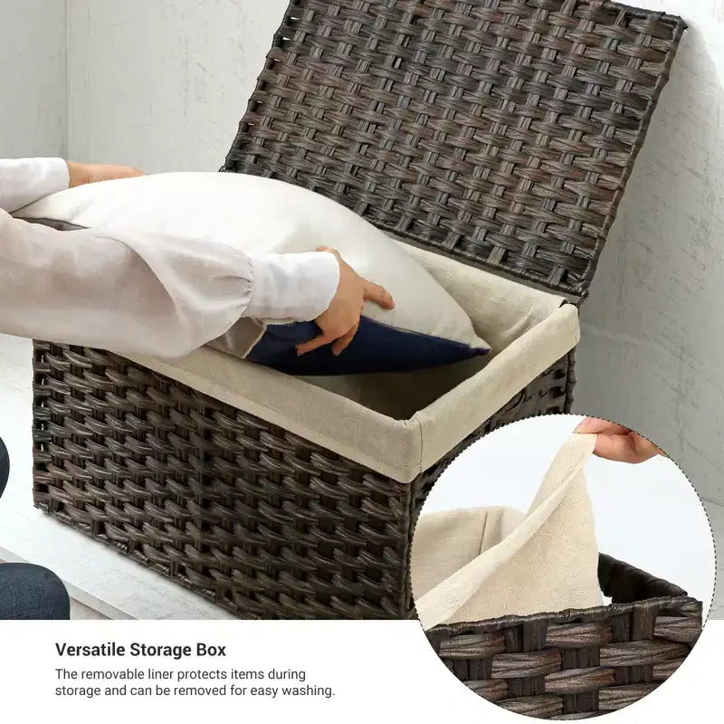 Cesto portaoggetti con coperchio, contenitore da 65 litri (17,2 galloni), cesto porta coperte intrecciato con manici, pieghevole, fodera rimovibile, struttura in metallo