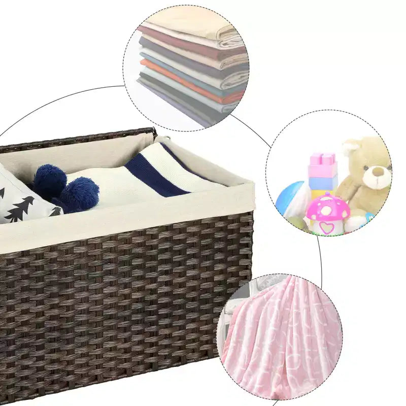 Cesto portaoggetti con coperchio, contenitore da 65 litri (17,2 galloni), cesto porta coperte intrecciato con manici, pieghevole, fodera rimovibile, struttura in metallo