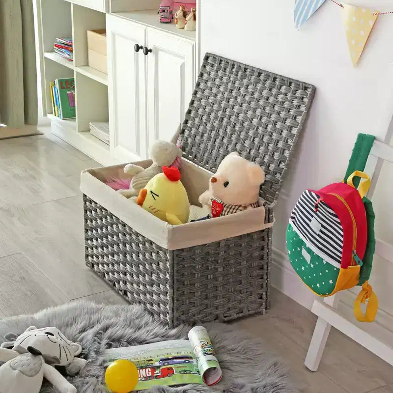 Cesto portaoggetti con coperchio, contenitore da 65 litri (17,2 galloni), cesto porta coperte intrecciato con manici, pieghevole, fodera rimovibile, struttura in metallo