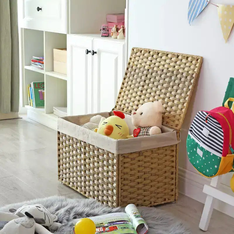 Cesto portaoggetti con coperchio, contenitore da 65 litri (17,2 galloni), cesto porta coperte intrecciato con manici, pieghevole, fodera rimovibile, struttura in metallo