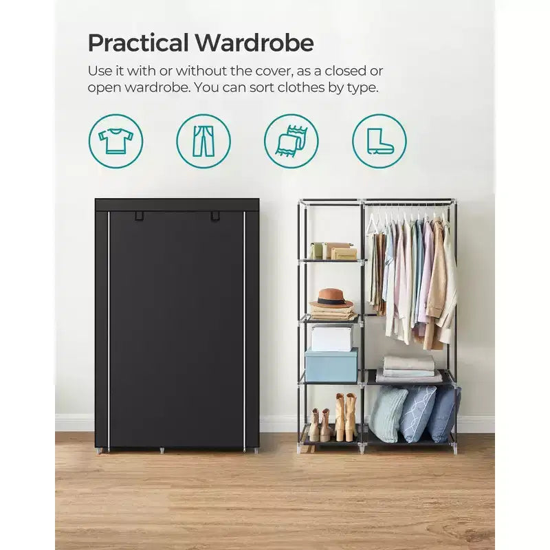 Armadio portatile, guardaroba organizer di grande capacità da 105 cm con copertura in tessuto, aste appendiabiti e ripiani, nero