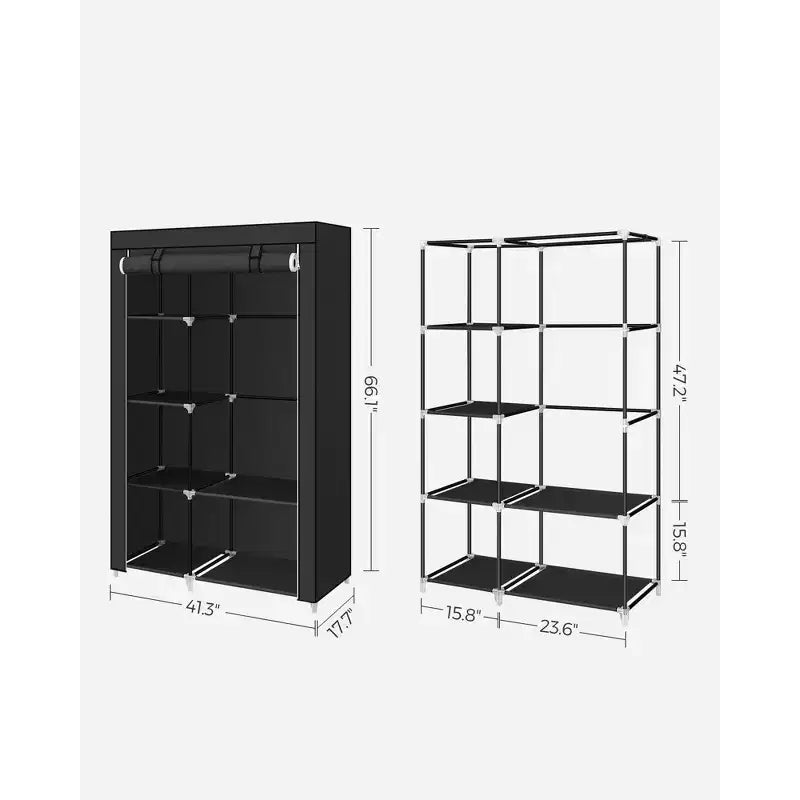Armadio portatile, guardaroba organizer di grande capacità da 105 cm con copertura in tessuto, aste appendiabiti e ripiani, nero