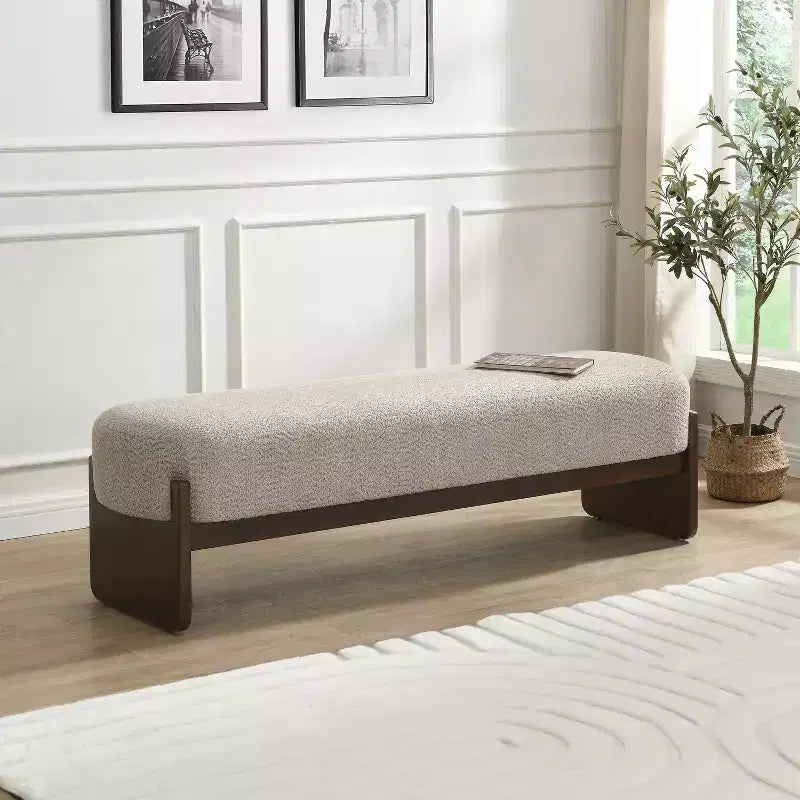 Pouf Elmo 64 in legno di gomma moderno imbottito in filato bouclé, beige