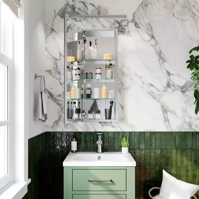 Pensile da Bagno con Specchi, a Incasso/Parete, Ripiani Regolabili, Cerniera con Chiusura Ammortizzata, Rettangolare, Alluminio, Argento