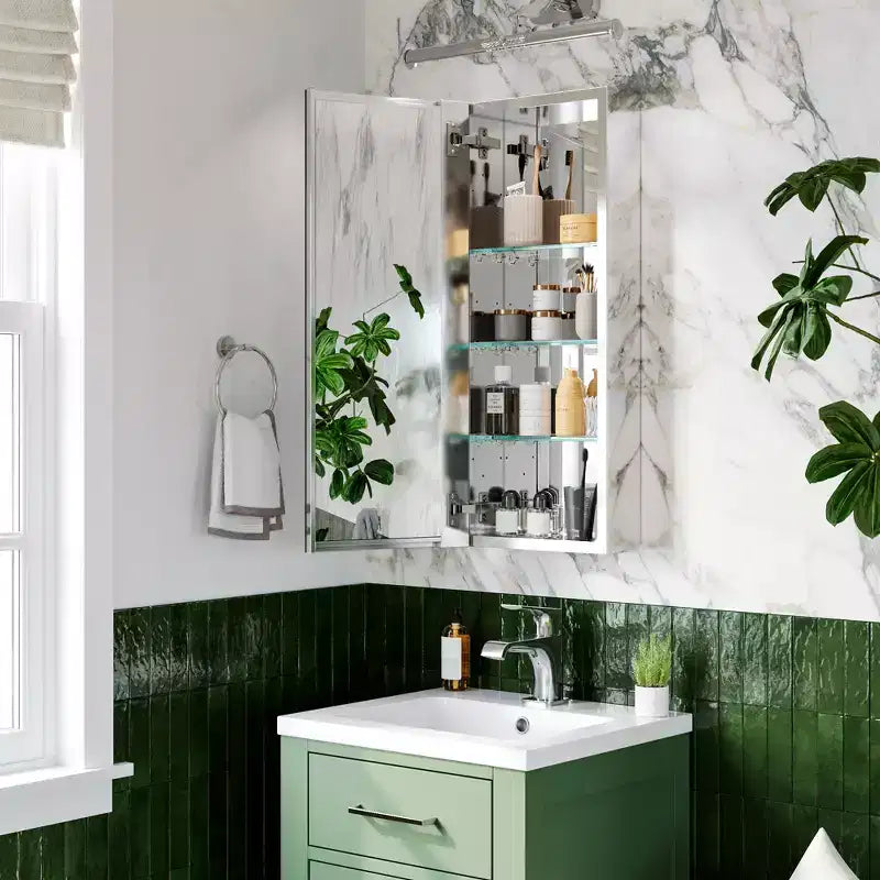 Pensile da Bagno con Specchi, a Incasso/Parete, Ripiani Regolabili, Cerniera con Chiusura Ammortizzata, Rettangolare, Alluminio, Argento