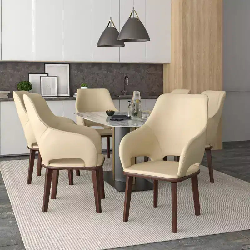 Sedie da pranzo in pelle con base in legno di caucciù e sedile e schienale imbottiti, sedie moderne d'accento per sale da pranzo, 2 sedie