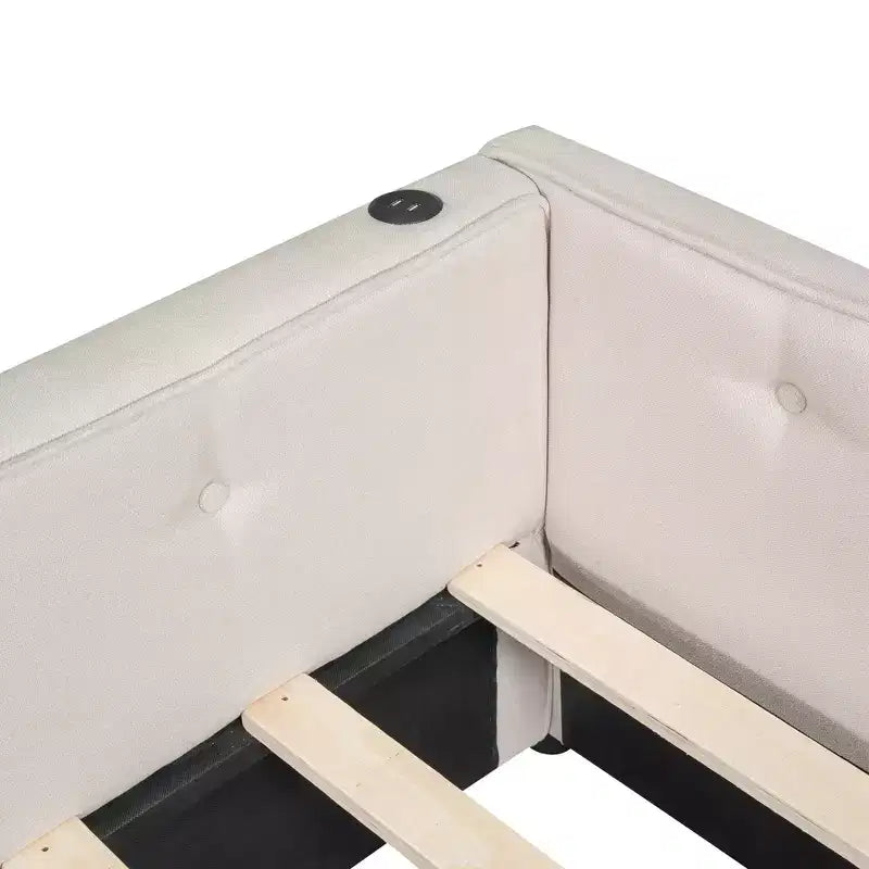 Letto a piattaforma Queen Size, struttura letto in legno imbottita con porte USB e 2 cassetti, beige