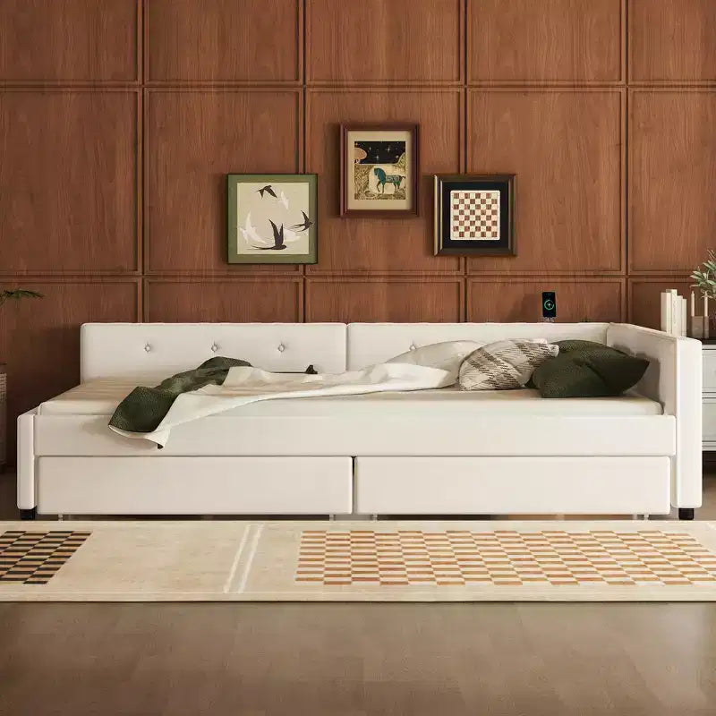 Letto a piattaforma Queen Size, struttura letto in legno imbottita con porte USB e 2 cassetti, beige