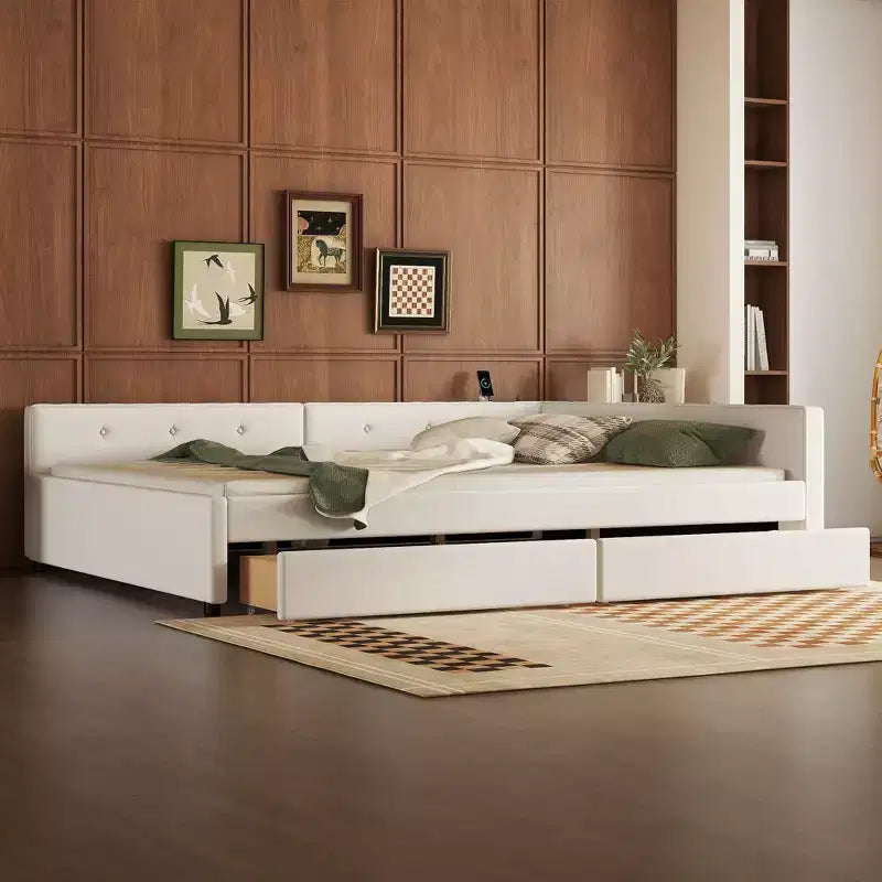 Letto a piattaforma Queen Size, struttura letto in legno imbottita con porte USB e 2 cassetti, beige