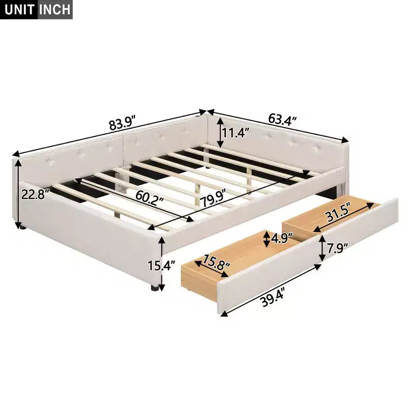 Letto a piattaforma Queen Size, struttura letto in legno imbottita con porte USB e 2 cassetti, beige