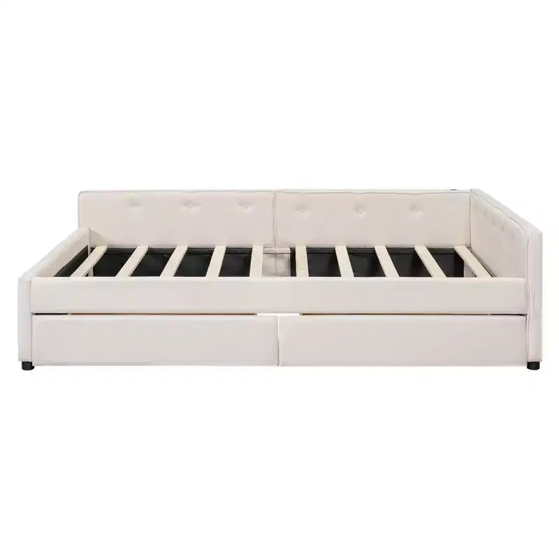 Letto a piattaforma Queen Size, struttura letto in legno imbottita con porte USB e 2 cassetti, beige