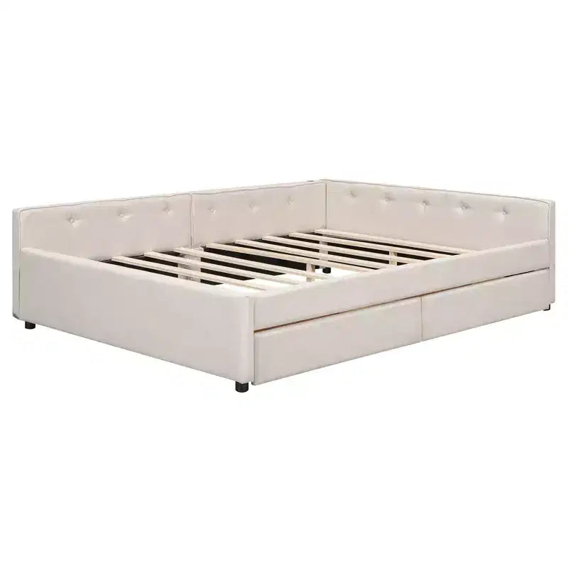 Letto a piattaforma Queen Size, struttura letto in legno imbottita con porte USB e 2 cassetti, beige