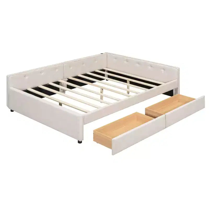 Letto a piattaforma Queen Size, struttura letto in legno imbottita con porte USB e 2 cassetti, beige