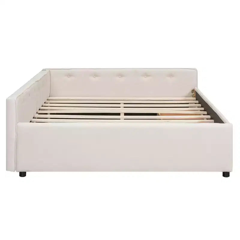 Letto a piattaforma Queen Size, struttura letto in legno imbottita con porte USB e 2 cassetti, beige