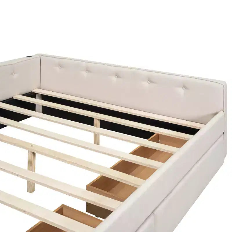 Letto a piattaforma Queen Size, struttura letto in legno imbottita con porte USB e 2 cassetti, beige