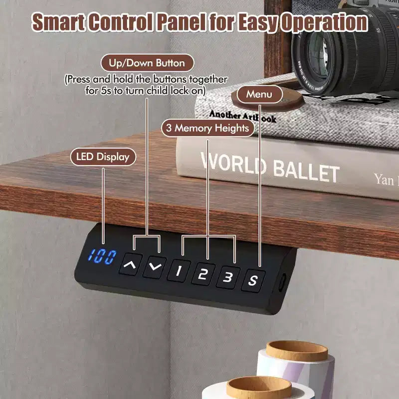 Scrivania Elettrica Regolabile in Altezza 63 x 24 con 2 Cassetti, Supporto Monitor, Mensola Portaoggetti Marrone/Nero/Bianco