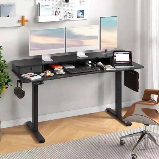 Scrivania Elettrica Regolabile in Altezza 63 x 24 con 2 Cassetti, Supporto Monitor, Mensola Portaoggetti Marrone/Nero/Bianco