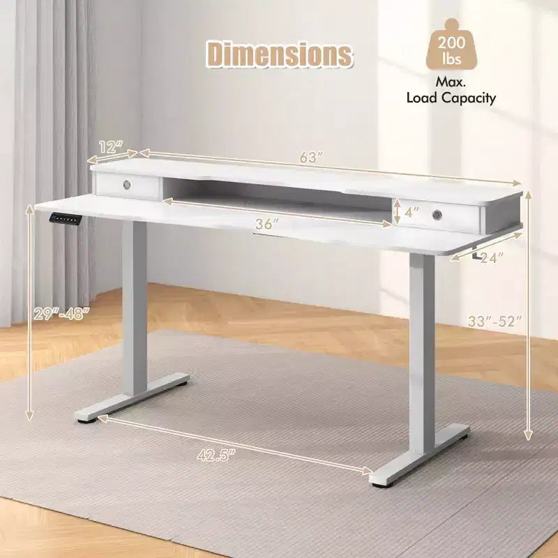 Scrivania Elettrica Regolabile in Altezza 63 x 24 con 2 Cassetti, Supporto Monitor, Mensola Portaoggetti Marrone/Nero/Bianco