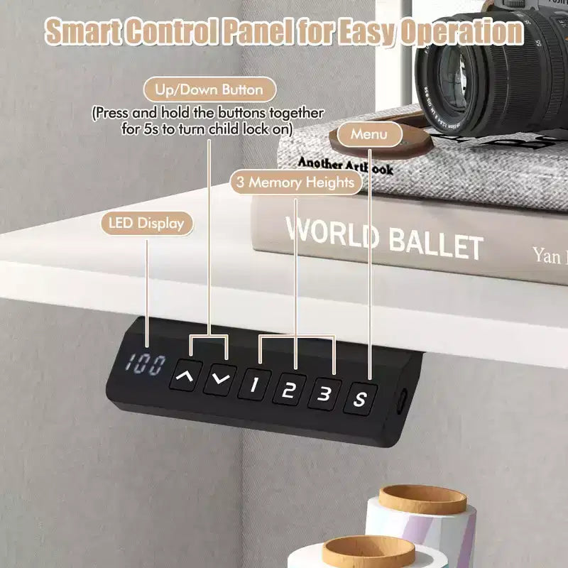 Scrivania Elettrica Regolabile in Altezza 63 x 24 con 2 Cassetti, Supporto Monitor, Mensola Portaoggetti Marrone/Nero/Bianco