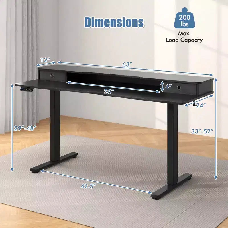 Scrivania Elettrica Regolabile in Altezza 63 x 24 con 2 Cassetti, Supporto Monitor, Mensola Portaoggetti Marrone/Nero/Bianco