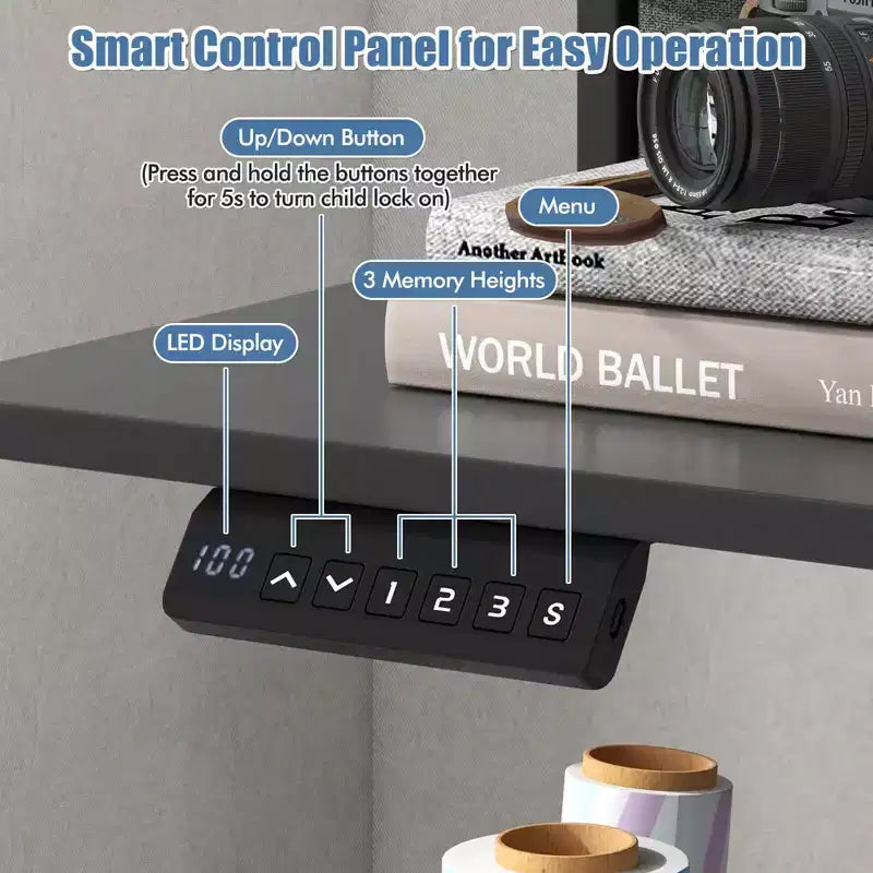 Scrivania Elettrica Regolabile in Altezza 63 x 24 con 2 Cassetti, Supporto Monitor, Mensola Portaoggetti Marrone/Nero/Bianco