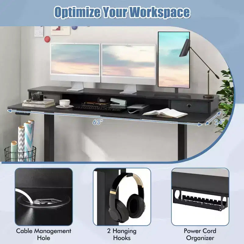 Scrivania Elettrica Regolabile in Altezza 63 x 24 con 2 Cassetti, Supporto Monitor, Mensola Portaoggetti Marrone/Nero/Bianco