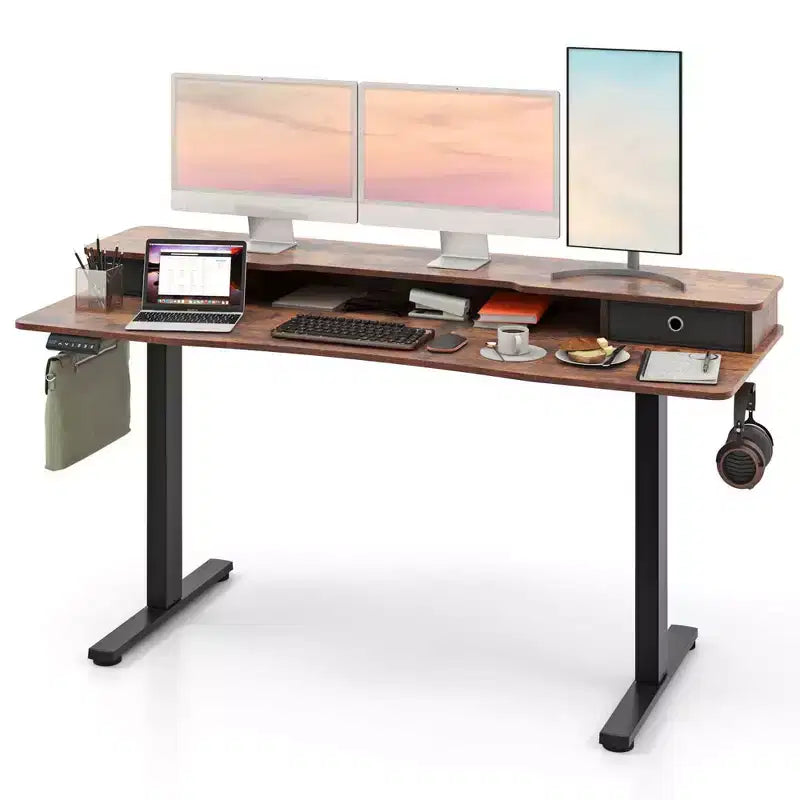 Scrivania Elettrica Regolabile in Altezza 63 x 24 con 2 Cassetti, Supporto Monitor, Mensola Portaoggetti Marrone/Nero/Bianco