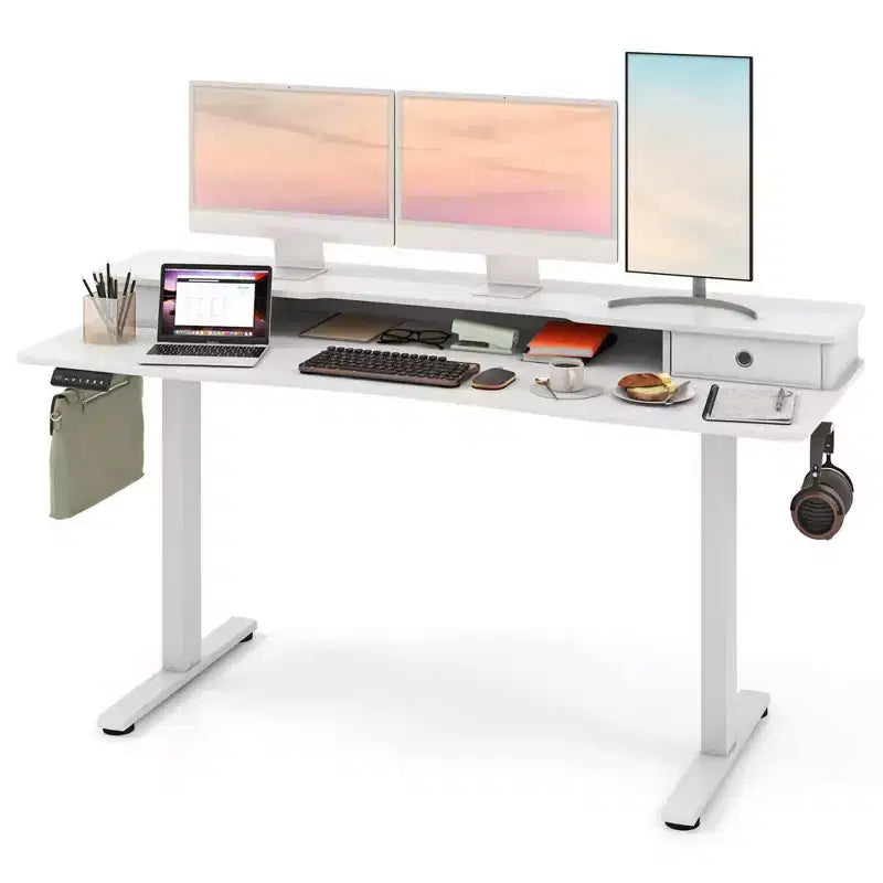 Scrivania Elettrica Regolabile in Altezza 63 x 24 con 2 Cassetti, Supporto Monitor, Mensola Portaoggetti Marrone/Nero/Bianco