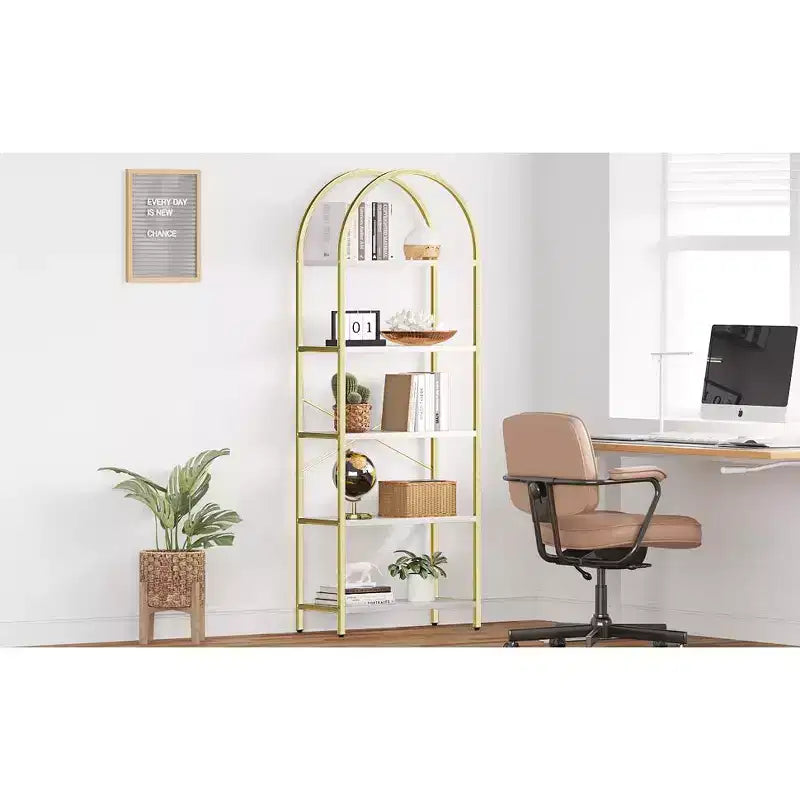 Libreria ad arco a 5 ripiani, alta 180 cm, autoportante, oro e bianco per soggiorno, camera da letto, ufficio