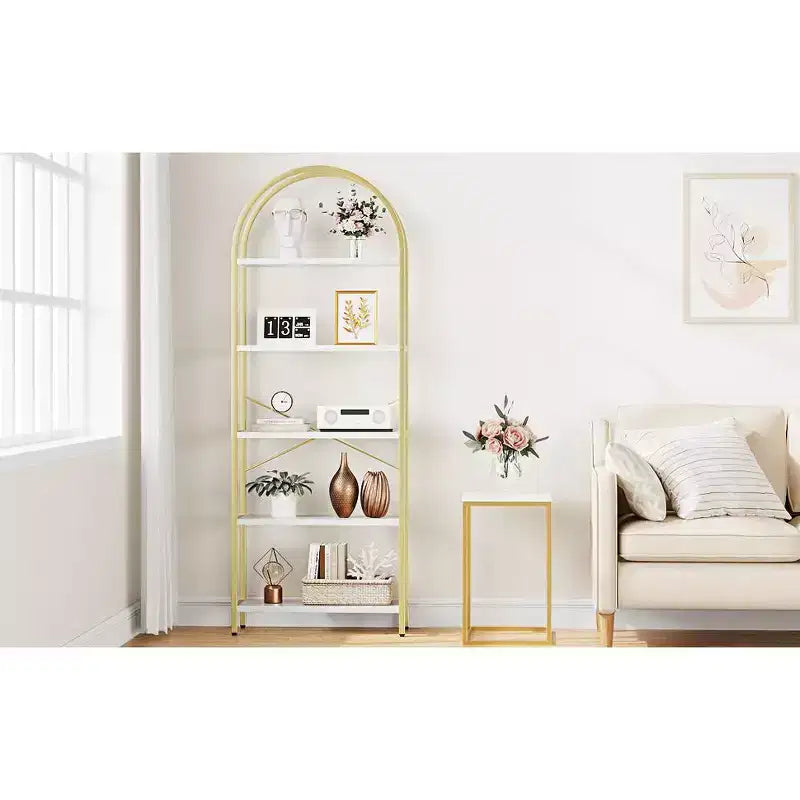 Libreria ad arco a 5 ripiani, alta 180 cm, autoportante, oro e bianco per soggiorno, camera da letto, ufficio