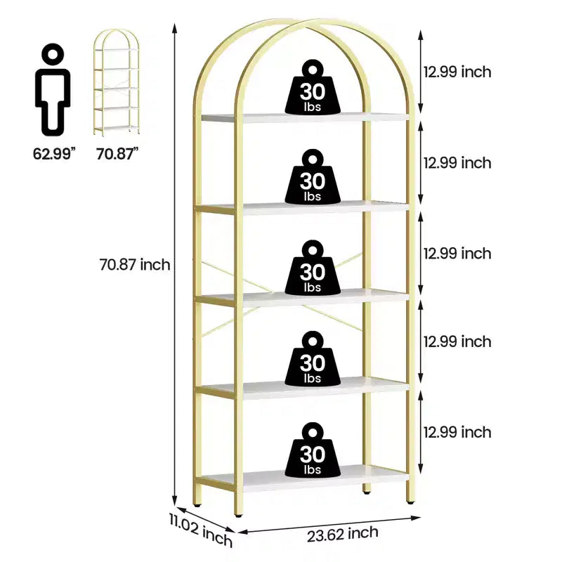 Libreria ad arco a 5 ripiani, alta 180 cm, autoportante, oro e bianco per soggiorno, camera da letto, ufficio