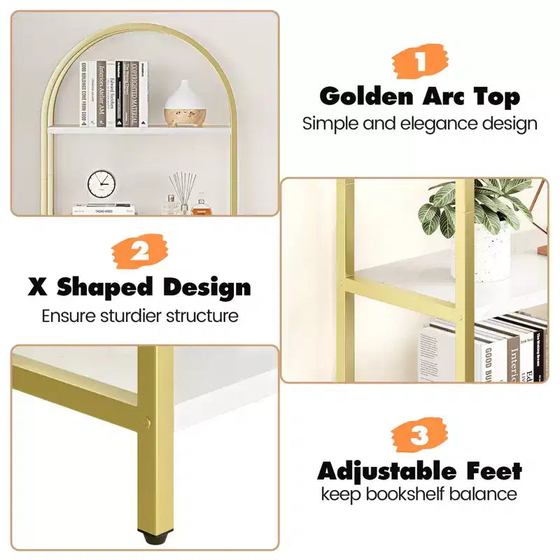 Libreria ad arco a 5 ripiani, alta 180 cm, autoportante, oro e bianco per soggiorno, camera da letto, ufficio