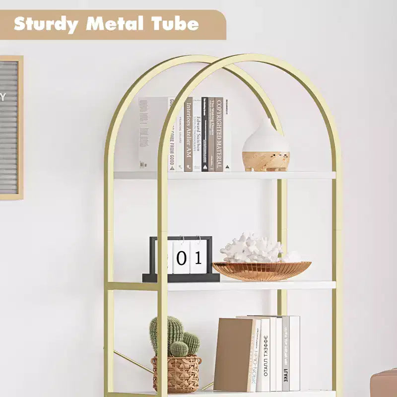 Libreria ad arco a 5 ripiani, alta 180 cm, autoportante, oro e bianco per soggiorno, camera da letto, ufficio