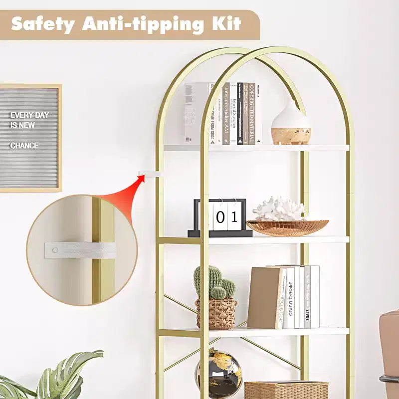 Libreria ad arco a 5 ripiani, alta 180 cm, autoportante, oro e bianco per soggiorno, camera da letto, ufficio