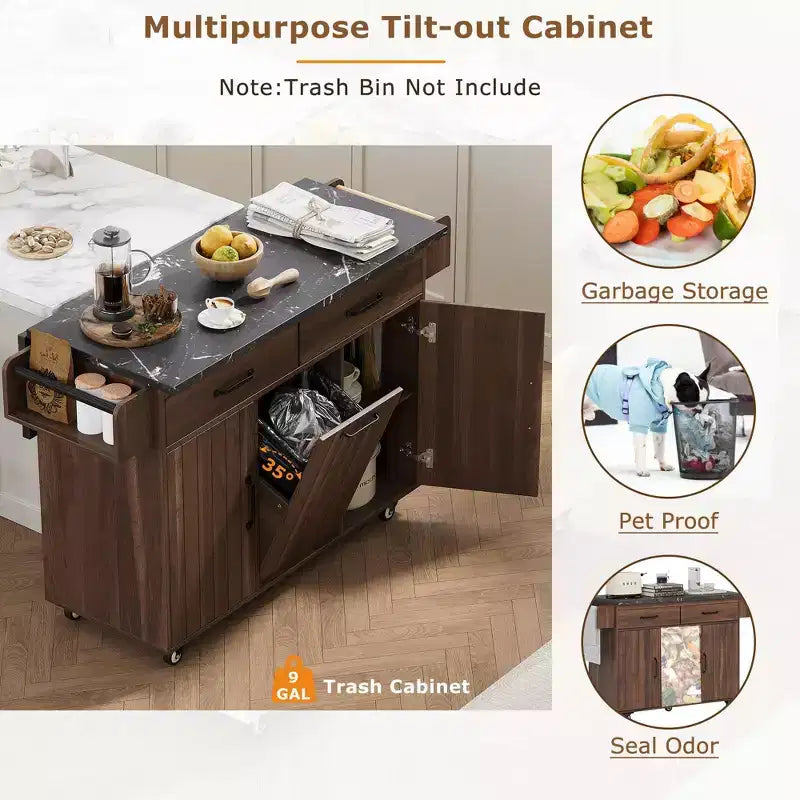 Carrello da cucina con pattumiera a scomparsa e ruote, noce